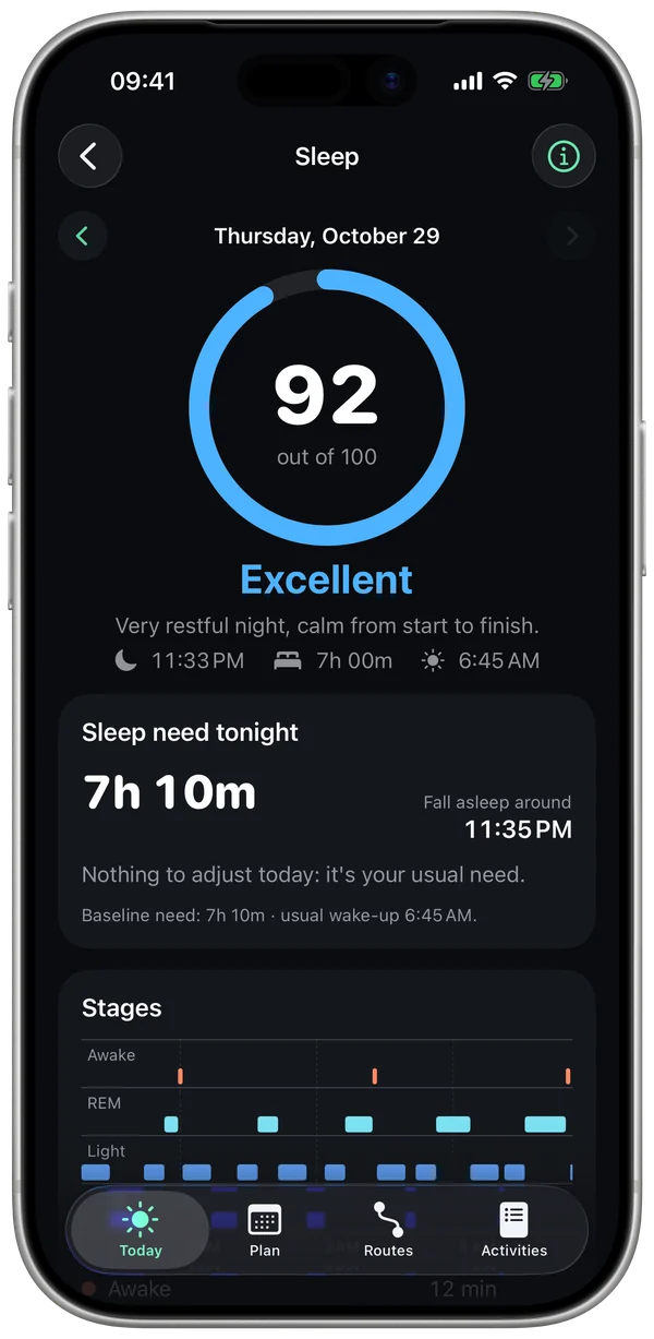 Sleep screen: score 92, tonight's need and suggested bedtime