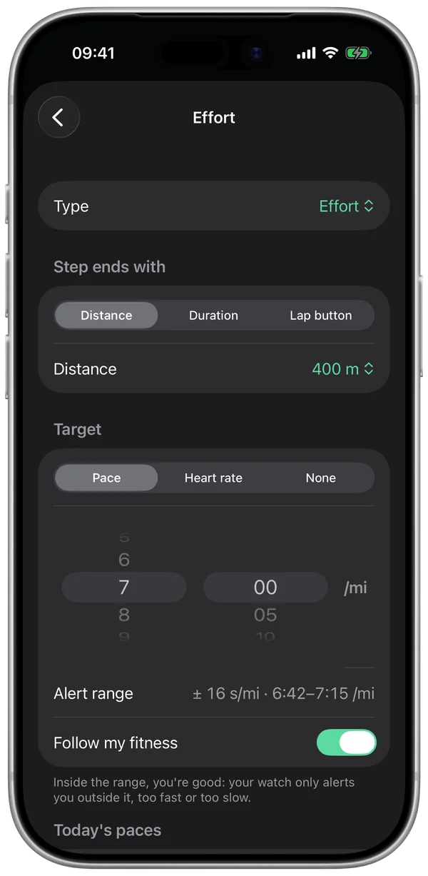 A step: ends at 400 m, pace target, alert range ±10 s/km