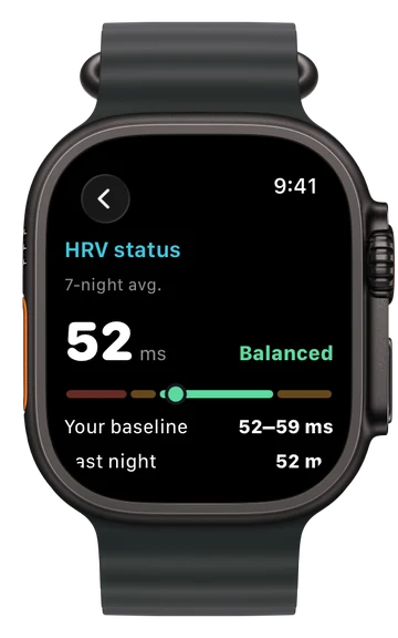 HRV status on Apple Watch: 52 ms, Balanced