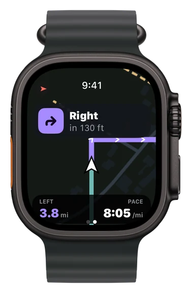 On Apple Watch: "Right in 130 ft"