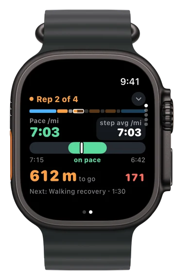 Rep 2 of 4: in range, 612 m to go