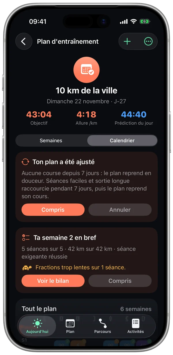 Plan d'entraînement : « Ton plan a été ajusté » et ta semaine en bref