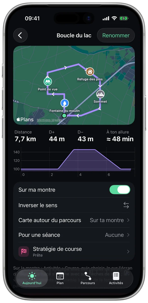 Un parcours : carte, profil, sur ta montre