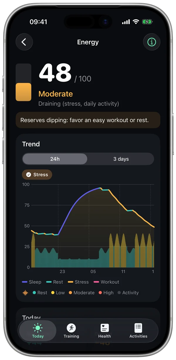 Energy screen: the day's curve and stress