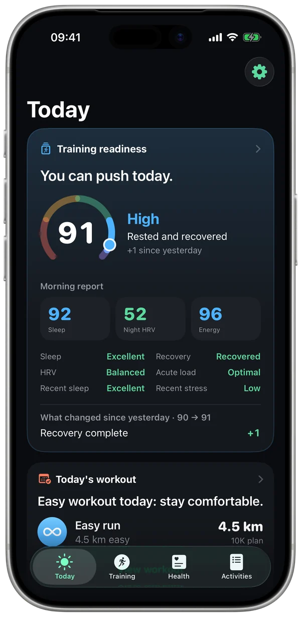 Stamio home on iPhone: readiness, morning report and today's workout