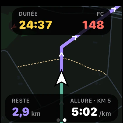 Carte de la course avec 4 champs : durée, fréquence cardiaque, distance restante et allure