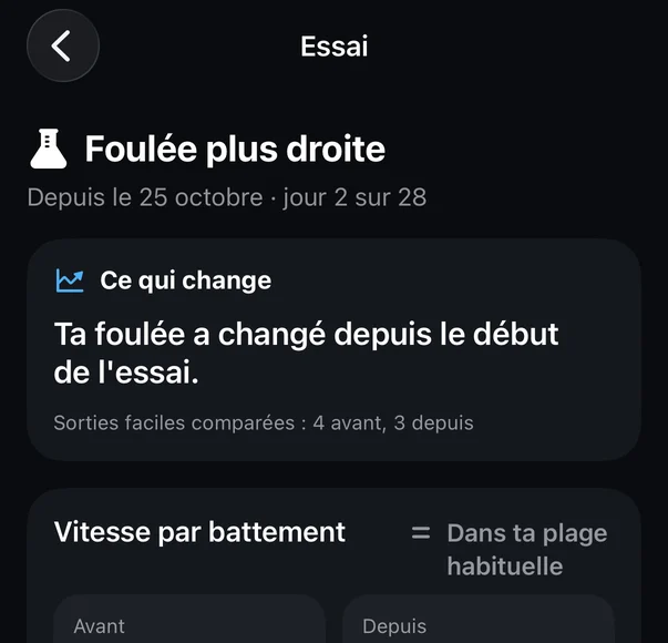 Essai « Foulée plus droite » : ce qui change depuis le début, sorties faciles comparées