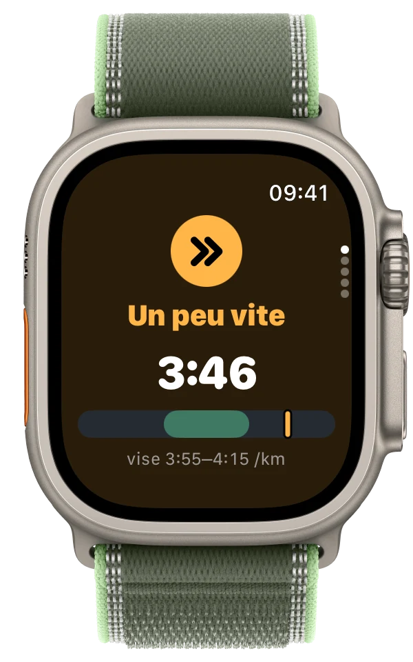 Alerte « Un peu vite » : 3:46 par km, vise 3:55 à 4:15