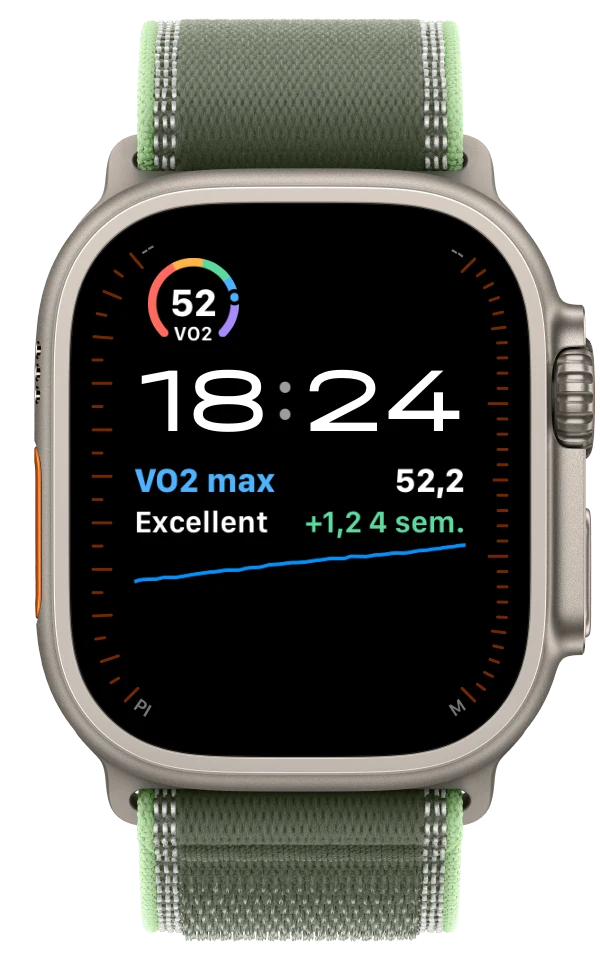 Cadran de l'Apple Watch avec la complication VO2 max de Stamio : 52,2, excellent, plus 1,2 en 4 semaines