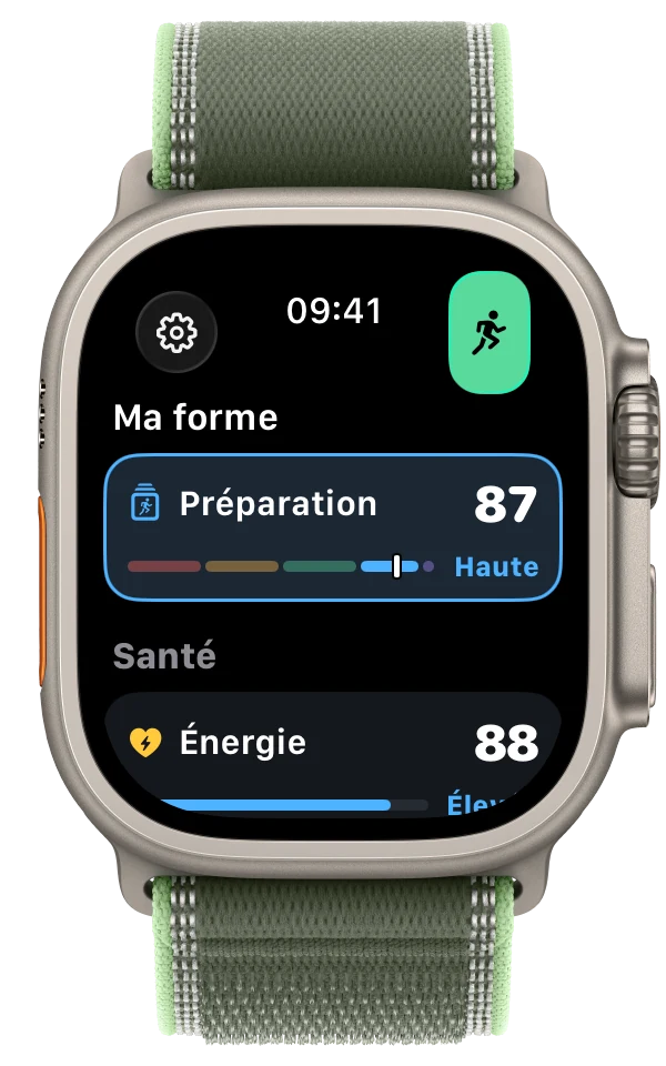 Ma forme sur l'Apple Watch : préparation 87, haute, comme sur l'iPhone, et énergie 88