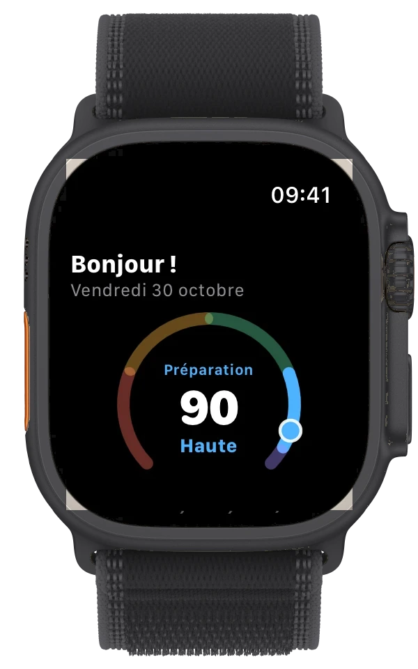 Le rapport du matin sur l'Apple Watch, qui défile : bonjour, préparation 90, haute, reposé et récupéré, moins 2 depuis hier ; ta nuit et ta forme : sommeil 92, VFC 52, énergie 91, récupération faite ; puis la séance du jour, un footing