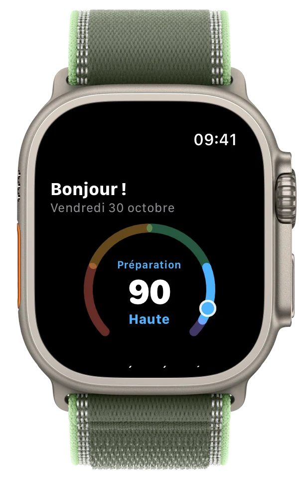 Le rapport du matin sur l'Apple Watch, qui défile : bonjour, préparation 90, haute, reposé et récupéré, moins 2 depuis hier ; ta nuit et ta forme : sommeil 92, VFC 52, énergie 91, récupération faite ; puis la séance du jour, un footing