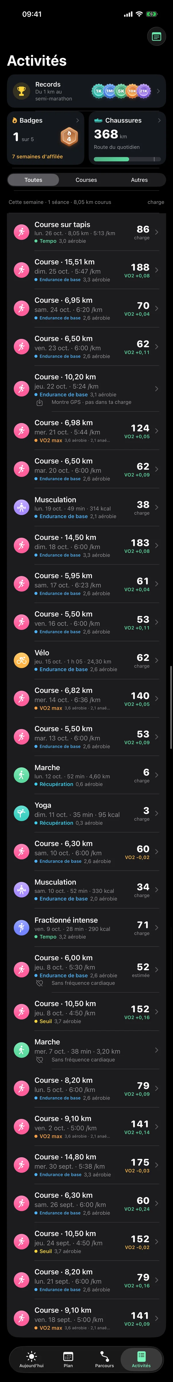 L'onglet Activités qui défile : tes séances, records, badges et chaussures